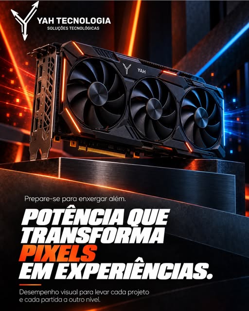 Placa de vídeo YAH com três ventoinhas sobre pedestal iluminado