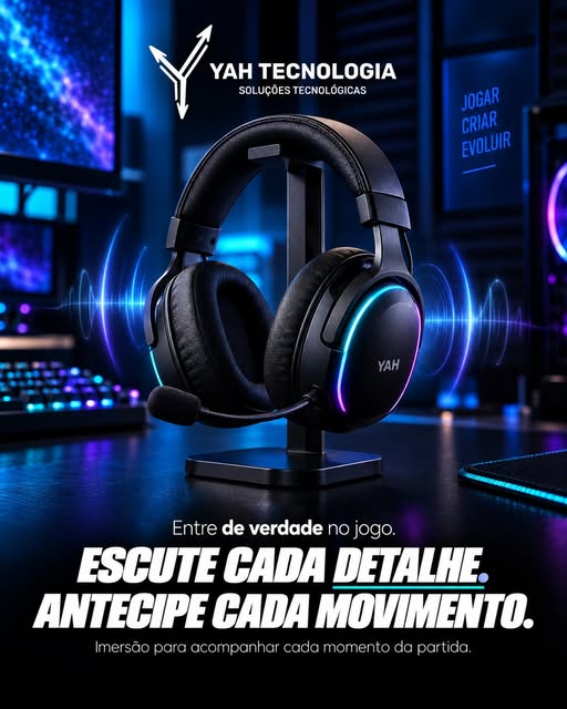 Headset YAH com iluminação RGB apoiado em suporte